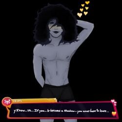 1boy alternate_version_available awkward awkward_smile black_boxers black_hair black_lipstick blush boxers boxers_(clothing) darkness date_everything emo emo_boy eyeshadow feminine_male heart heart_symbol idk_bruh idk_what_to_tag_it male male_focus male_only scratching_head shadow shy skips_(date_everything) skips_my_beloved skips_shadley speaking speaking_to_viewer speech_bubble twink xxxshadowl0rd420xxx yellow_heart yellow_heart_(symbol)