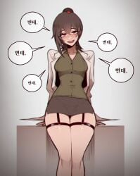 black_hair black_thigh_strap carmen_(lobotomy_corporation) dialogue_box green_shirt lab_coat labcoat library_of_ruina limbus_company lobotomy_corporation miniskirt misg1111 ponytail project_moon red_eyes seductive seductive_body seductive_eyes seductive_gaze seductive_look seductive_mouth seductive_pose seductive_smile thigh_focus thigh_strap thighs thighs_together