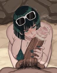 balls beach big_penis bikini bikini_top breasts cyberboi dark-skinned_male dark_skin female fubuki_(one-punch_man) green_bra green_eyes green_nails grey_hair interracial kissing_penis large_balls large_breasts large_nipples large_penis light-skinned_female light_skin male one-piece_tan one-punch_man oral oral_sex penis pubic_hair shades smegma smegma_in_mouth smell stray_pubic_hair unwashed_penis