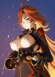1girls areolae big_breasts black_bodysuit bodysuit breasts ear_piercing earrings female female_only genshin_impact goddess hair handwear long_hair mavuika_(genshin_impact) natsviolet nipples red_eyes red_hair solo solo_female unzipped unzipped_bodysuit zipper zipper_down zipper_pull_tab