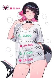 breath collar ear_piercing ellen_joe hair_ornament heat lollipop multicolored_hair no_pants qiandaiyiyu shark_girl shark_tail shirt shirt_cut_meme sweat white_shirt zenless_zone_zero