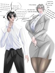 1boy 1girls curvy curvy_body curvy_female curvy_figure gray_hair lips lipstick milf stockings suit tomboy tomboy_milf tomgirl