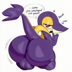 absurd_res ai_generated anthro ass backsack balls bedroom_eyes big_butt black_pupils blush bubble_butt bulge butt_focus clothing dialogue english_text generation_5_pokemon genitals girly half-closed_eyes heart hellsonger hi_res huge_butt jinu looking_at_viewer looking_back male narrowed_eyes nintendo open_mouth pokemon pokemon_(species) presenting presenting_hindquarters pupils purple_body rear_view red_eyes reptile scalie seductive simple_background snivy solo speech_bubble sssonic2 talking_to_viewer teapot_(body_type) teeth text thick_thighs white_background wide_hips