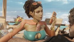 1boy 1girls 3d 3d_(artwork) 3d_model 4k apex_legends beach blender blender_(software) breasts brown_hair dzooworks fishnet_armwear fishnet_clothing fishnets high_quality high_resolution highres imminent_sex large_breasts large_penis loba_(apex_legends) mirage_(apex_legends) muscular muscular_male partially_clothed penis_between_breasts penis_under_clothes phone phone_screen public respawn_entertainment titjob video_game_character video_games watermark yellow_eyes
