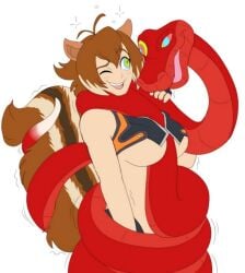 ///\ 1boy animal_ears antenna_hair breasts brown_hair female fingerless_gloves gloves green_eyes large_breasts multicolored_hair one_eye_closed short_hair skirt smile solo squirrel_ears squirrel_tail tail tail_wagging trembling two-tone_hair underboob