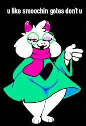 1boy 3_toes ai_generated anthro barefoot bovid caprine clothed clothing deltarune english_text eyewear feet fur gesture glasses goat hellsonger hi_res horn looking_at_viewer male male_only mammal pink_eyes ralsei robe scarf simple_background smile solo text toes undertale_(series) white_body white_fur wide_hips