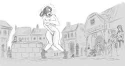 covering_breasts covering_crotch embarrassed embarrassed_nude_female footwear_only nude nude_female original public_nudity sketch wuulfenblade