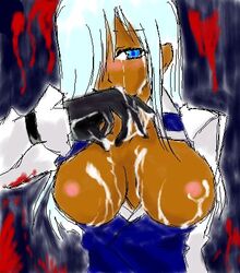 aowa_shijimi black_gloves blue_eyes breasts breasts_out cum cum_on_body cum_on_breasts cum_on_fingers cum_on_upper_body facial female genderswap genderswap_(mtf) gloves guilty_gear large_breasts long_hair lowres nipples oekaki rule_63 silver_hair solo venom_(guilty_gear)