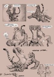 2018 anthro ass balls closed_eyes comic cowgirl_position cum cum_in_pussy cum_inside duo english_text feline female heart jelomaus kung_fu_panda lactation male mammal master_tigress on_top open_mouth penetration penis pregnant pussy sabrotiger sex speech_bubble straight teeth text tiger tongue vaginal_penetration