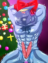 2012 abs anal anal_sex anthro arms_above_head biceps blush bondage bound christmas christmas_tree clothing diphallia diphallism erection fish flexing furry furry_only holidays male male_only marine mask multi_penis muscles no_humans pecs penetration penis precum ribbons ryuukikeito sex shark slit solo spandex steel_shark superhero sweat torn_clothing tree trembling vein