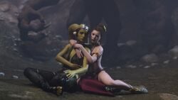 2girls 3d acceptance alexbridger belly_dancer belly_dancer_outfit boots braided_hair brown_eyes brown_hair cave dancer enslaved_royal green_skin harem harem_girl harem_outfit imminent_vore jabba's_palace large_breasts loincloth long_hair oola princess_leia_organa rancor rancor_pit sandals slave slave_bikini slave_collar slave_leia slave_outfit slavegirl star_wars twi'lek
