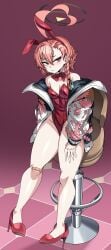 1girls ahoge band-aid blue_archive breasts bunny_ears bunnysuit captain_kirb chair ear_piercing female female_only halo heels jacket looking_at_viewer neru_(blue_archive) neru_(bunny)_(blue_archive) piercing pink_hair png sad shoes sitting small_breasts solo thick_thighs wide_hips