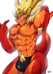 abs anthro bna_v5 bulge bushiroad clothing dragon drum_bunker_dragon future_card_buddyfight hi_res male muscular muscular_anthro muscular_male mythological_creature mythological_scalie mythology obliques orange_body orange_skin pecs red_body red_skin scalie solo tail thong underwear