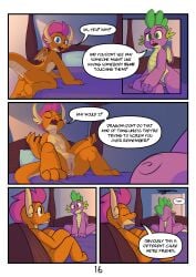 absurd_res anthro anus blue_eyes casual_nudity comic dialogue dragon duo elicitie english_text female flat_chested friendship_is_magic genitals hasbro hi_res male male/female my_little_pony mythological_creature mythological_scalie mythology nude orange_body pussy reptile scalie smolder_(mlp) spike_(mlp) spread_legs spreading tail text vulva wings