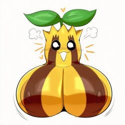 1:1 ai_generated anthro anthrofied areola big_breasts blush breasts elemental_creature female flora_fauna generation_2_pokemon heart hellsonger hi_res huge_breasts hyper hyper_breasts leaf looking_at_viewer nintendo nipples plant pokemon pokemon_(species) simple_background smile solo sunkern white_eyes