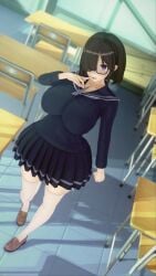 bangs big_breasts black_hair classroom curvy cute cute_face happy koikatsu kuchinashi_rin purple purple_eyes school school_uniform schoolgirl short short_hair white_socks white_stockings