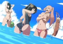 2boys 2futas 2girls beach beach_ball bikini black_hair braids breasts dickgirl female futa_sans_pussy futanari gojin gold_eyes green_eyes malax male medium_breasts outdoors pink_hair ponytail reincarnated_into_another_world_as_sex_slaves_to_goblins_and_now_we_fight_for_them school_swimsuit swimsuit
