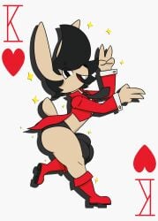 absurd_res anthro ass balls big_balls big_butt black_hair boots buckteeth bulge bunn_breedsalop card clothed clothing dorkusprimearts femboy footwear fully_clothed genitals gesture hair hand_gesture happy hi_res huge_balls king_of_hearts lagomorph leporid male mammal necktie playing_card rabbit red_clothing shoes side_view skimpy solo sparkles spiky_hair teeth thong underwear v_sign