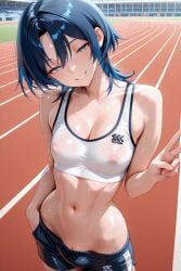 ai_generated androgynous arbitrary blue_eyes blue_hair breasts hiodoshi_ao hololive hololive_japan nipples_visible_through_clothing pussy pussy_peek short_hair small_breasts sportswear sweat v virtual_youtuber vtuber