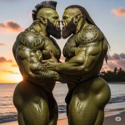 ass beach beard black_beard black_hair green green_body green_skin male_only muscles muscular muscular_male orc orc_male piercing piercings sand sea tattoo tattoos water