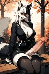 1futa ai_generated balls breasts clothed clothing dick_out dustyfutaai erection fantasy female fox furry futa_only futanari huge_balls huge_cock intersex large_breasts large_penis light-skinned_futa paizuri park penis solo solo_focus solo_futa