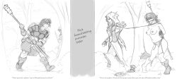 2girls arms_behind_back before_and_after blindfold bondage captured elf elf_female english_text female females_only gag gagged garter_belt original sketch slave_raid topless topless_female wuulfenblade