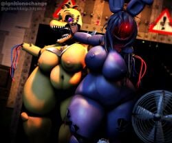 2girls animatronic anthro bib bowtie breasts chubby_female damaged exposed_endoskeleton female female_only five_nights_at_freddy's five_nights_at_freddy's_2 fnaf fnaf_2 ignitionochange nude_female tagme thick_thighs wires withered_bonnie withered_chica