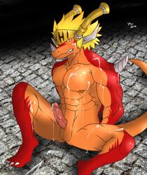 2014 abs anthro balls biceps blonde_hair blush buddyfight claws cum cum_on_self dragon erection fang_slade fangs furry hair helmet hentist horn male male_only muscles nipples nude pecs penis plain_background precum red_dragon sitting solo teeth