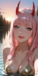 2025 ai_generated bangs bare_shoulders bikini blunt_bangs blush breasts cleavage collarbone darling_in_the_franxx eyeshadow female female female_focus gold_bikini green_eyes hairband horns lips long_hair looking_at_viewer makeup medium_breasts nsfw outdoors parted_lips partially_submerged pink_hair red_horns rognezart shiny shiny_clothes shiny_skin sky smile solo sun sunset swimsuit tree upper_body water wet white_hairband yellow_bikini zero_two_(darling_in_the_franxx)