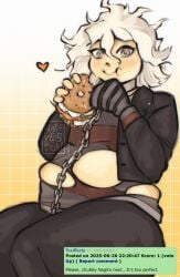 bagel chubby chubby_cheeks chubby_male clothes_ripping cute danganronpa danganronpa_2:_goodbye_despair eating eating_food fat fat_fetish fetish heart komaeda_nagito looking_at_viewer male_only nagito_komaeda servant_(danganronpa) smiling_at_viewer thick_thighs wafflesbun weight_gain