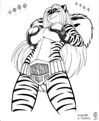 anthro belt big_breasts boxing_gloves breasts covering covering_breasts female gloves hybrid looking_at_viewer max_blackrabbit navel skunk smile solo topless zig_zag