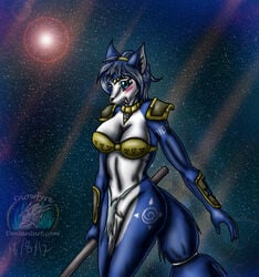 2012 anthro black_nose blue_eyes blue_fur blue_hair blush breasts canine female fox fur hair jewelry krystal looking_at_viewer mammal nintendo open_mouth pussy snowfyre solo star_fox tongue video_games white_fur