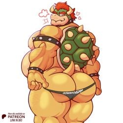 1:1 2025 2_horns 4_fingers anthro armband ass barazoku belly black_clothing black_thong black_underwear bowser bracelet bubble_butt clothing collar darkpolari english_description english_text fangs fingers hair heart_symbol hi_res horn jewelry koopa looking_back male mario_bros mouth_closed muscular muscular_anthro muscular_arms muscular_male nintendo rear_view red_eyes red_hair scales scalie shell simple_background small_tail solo spiked_armband spiked_bracelet spiked_collar spiked_shell spikes spikes_(anatomy) tail teeth text thong triceps underwear white_background yellow_body yellow_scales