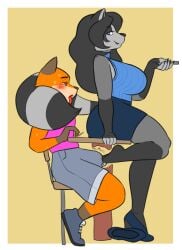 anthro ass big_breasts bite biting_lip biting_own_lip blackbetty blush bodily_fluids breasts canid canine clothed clothing duo feet female foot_fetish foot_play footjob footjob_over_clothes footjob_with_one_foot fox franciene_(tango's_family) fur hair hi_res lewis_gunn male male/female mammal procyonid raccoon self_bite sex simple_background smile tail thick_thighs tongue tongue_out