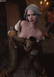 3d alcohol alcoholic_drink boots breasts cd_projekt_red ciri clothing female freckles gloves green_eyes light-skinned_female mascara missally no_bra scar seductive_eyes seductive_pose solo solo_female tavern the_witcher_(series) the_witcher_3:_wild_hunt undressing white_hair