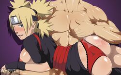 ass black_and_red_panties blonde_hair blush breasts clothing ed-jim faceless_male green_eyes naruto nipples panties picot_trim picot_trim_panties red_panties spanking temari whentai wink