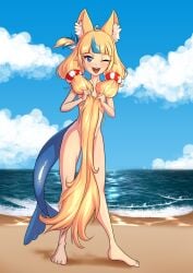 ahoge bakuhaku bangs beach blonde_hair blue_eyes blue_highlights cat_ears extremely_long_hair fish_girl fish_tail flat_chest functionally_nude grabbing_hair hair_covering_breasts ocean petite playful public_nudity sameko_saba smug tongue_out twintails vtuber wink