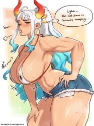 1girls belly bikini bikini_top blue_hair cheekie0 child_bearing_hips cleavage denim_shorts earrings ecchi female_solo horns huge_breasts light-skinned_female long_hair looking_at_viewer midriff multicolored_hair nipple_slip nipples_visible_through_fabric one_piece open_mouth pinup shorts sideboob sweatdrop sweating sweaty_skin text_bubble thick_thighs underboob yamato_(one_piece) yellow_eyes