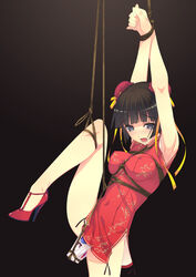 1girls anal_insertion armpits arms_up black_hair blue_eyes blush bondage breasts bun_cover china_dress chinese_clothes clothing dildo dildo_under_panties double_bun double_penetration dress erect_nipples f-ism female hair_ribbon high_heels highres leg_up long_hair murakami_suigun one_leg_up open_mouth original panties penetration red_dress restrained ribbon rope sex_toy shoes solo sweat tears thighs underwear vaginal_insertion vibrator vibrator_under_panties white_panties