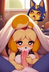 ai_generated ankha_(animal_crossing) anthro blowjob breasts canid canine canis clothed_female_nude_male cum cum_in_mouth domestic_cat domestic_dog exhibitionism felid feline felis female heart_eyes indoors isabelle_(animal_crossing) lingerie male nude oral orgasm penis pov rover_(animal_crossing) video_games voyeur