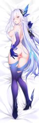 anus armpits ass bandana bed_sheet black_bandana blush boots breasts dakimakura_(medium) dakimakura_design elbow_gloves feather_hair_ornament feathers female full_body genshin_impact gloves hair_ornament hand_on_own_ass highres kirilenko_(cgd) long_hair looking_at_viewer lying medium_breasts multicolored_hair nipples nude on_bed on_side pillow purple_boots purple_eyes purple_gloves purple_hair pussy pussy_juice pussy_juice_trail skirk_(genshin_impact) solo strap streaked_hair teeth thigh_boots thigh_gap thighhighs thighs torn_clothes torn_thighhighs uncensored very_long_hair white_hair