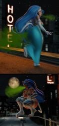 1girls 3d absurd_res absurdres animal_ears ass big_ass big_breasts blue_dress blue_hair breasts burp burp_cloud burp_fetish burping capcom cat_ears cat_girl cat_tail catgirl commission darkstalkers fart fat_ass felicia_(darkstalkers) female female_only green_eyes hand_on_butt hand_on_shoulder hi_res highres huge_ass huge_thighs large_ass large_breasts moon moonlight muscular muscular_female nipple_bulge nipple_outline nipples sfm tail test715 thick_thighs