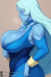 1female 1girls 2025 ai_generated alternate_breast_size artist_name bare_shoulders big_ass big_breasts blue_diamond_(steven_universe) blue_dress blue_eyes blue_hair blue_skin blush breasts cartoon_network cleavage colored_skin curvy dress female hi_res high_quality high_resolution highres huge_ass huge_breasts long_hair looking_at_viewer patreon patreon_username simple_background solo steven_universe sweat unjobdespiert very_long_hair watermark