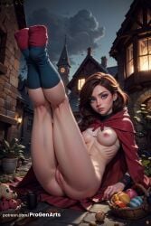 1girls ai_generated anus apple ass basket blue_eyes bread breasts brown_hair cape cloak clock cup earrings food full_body hi_res hood jewelry legs_up lips long_hair looking_at_viewer medium_breasts naked_cape night nipples nude outdoors progenarts pussy red_cape red_cloak red_footwear red_riding_hood socks solo uncensored