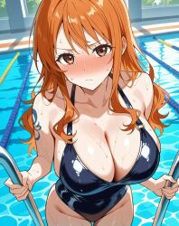 2025 ai_generated anime blue_swimsuit closed_mouth clothing crunchyroll female female_only instagram manga meta mouth_closed nami_(one_piece) one_piece orange_cheeks orange_eyebrows orange_eyes_female orange_hair_female pool_background school_swimsuit unknown_artist wet_body wet_skin wet_swimsuit