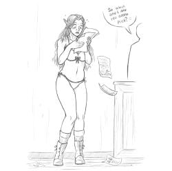 1girls bra elf elf_female english_text full_body monochrome original panties pointy_ears sketch speech_bubble underwear underwear_only wuulfenblade