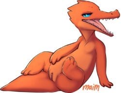 blue_eyes claws fangs from_behind full_body looking_at_viewer looking_back lying no_humans on_stomach pokemon_(creature) pussy sharp_teeth simple_background smile solo striped striped_background teeth uncensored white_background