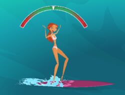 afraid beach_background belly cartoon_network collar emma_(stoked) flower_in_surfboard hands_up meter open_mouth open_mouth pink_bikini pink_surfboard red_eyebrows red_ponytail scared_face standing_on_surfboard stoked surf_or_sink_(game) surfboard tummy