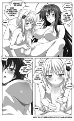 2girls blue-senpai blush breasts censored comic english_text fellatio futa_with_female futanari greyscale hair_ornament half-closed_eyes handjob high_school_dxd koneko_toujou large_breasts long_hair monochrome mosaic_censoring multiple_girls nipples open_mouth oral penis rias_gremory short_hair small_breasts spread_legs testicles