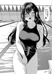 1futa big_breasts blush breasts bulge bulge_through_clothing futa_only futanari long_hair one-piece_swimsuit open_mouth penis_outline pool solo solo_futa swimsuit yuzuru_yuzu2024